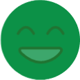Green circle with happy face. Eyes closed, wide smile.